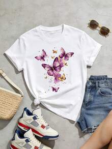 Women's Soft And Casual Short-Sleeved Crew Neck T-Shirt With A Purple And Gold Butterfly Graphic Print, Perfect For Spring And Summer Outfits. Black. - 白色 - 查看 5