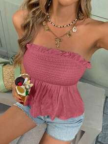 Top Sin Mangas Negro Con Volante En El Borde Inferior Y Tela Fruncida En La Parte Delantera - Rosa vieja - Ver 1