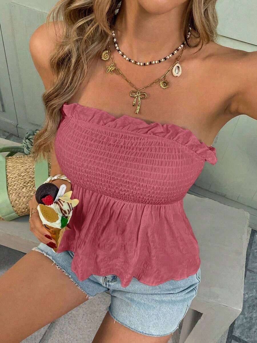 Top Sin Mangas Negro Con Volante En El Borde Inferior Y Tela Fruncida En La Parte Delantera - Rosa vieja - Ver 1