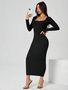 Vestido largo de manga larga con cuello cuadrado color negro sólido ajustado, vestido elegante de manga larga para mujer con cuello cuadrado, ajuste ceñido, manga recta, liso, para uso diario casual en primavera/otoño - Negro - Ver 5