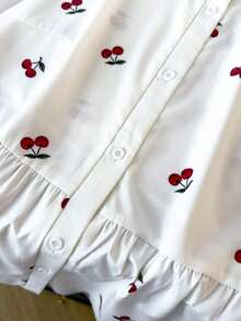 Camisa de talla grande con estampado de flores de cerezo, cuello con volantes, mangas abultadas, cintura alta y abotonadura sencilla.Diseño minimalista y ajuste ceñido, adecuado para uso diario, salidas y vacaciones. - Blanco - Ver 3