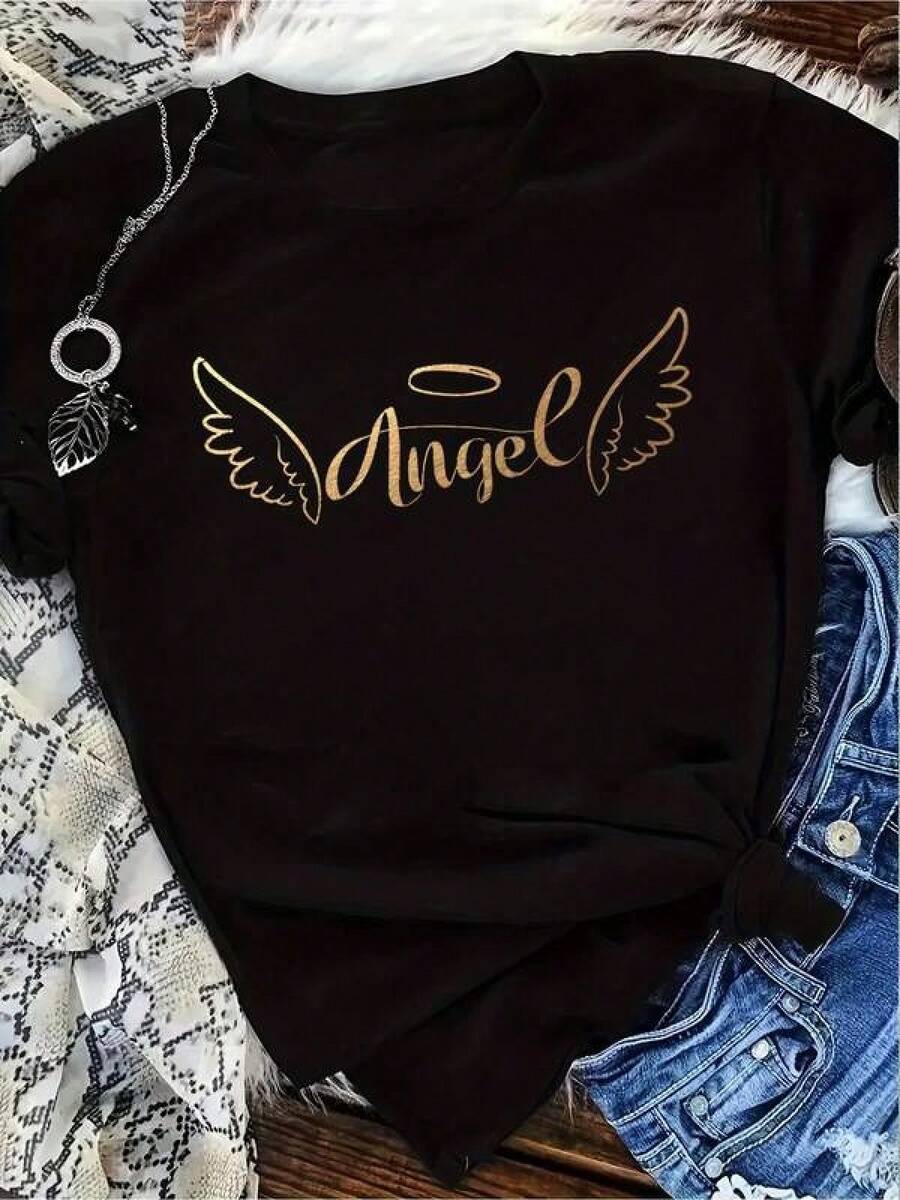 1 Piece Unisex Loose Fit T-Shirt 180g 100% Pure Cotton. A Unique And Modern T-Shirt With A Y2K Style Angel And Wings Design, Perfect For Adding A Touch Of Flair To Your Look. Ideal For Fashion Lovers Who Want To Stand Out. Don't Miss Out And Make A Statement! - 黑色 - 查看 1