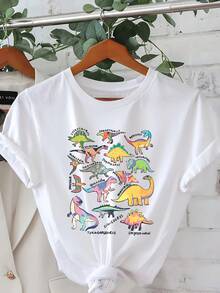 Limited Time Offer, Limited Quantities, Flash ! Women's Casual Shirts, Women's Polyester T-Shirts, Elegant Shirts. Dinosaur Print T-Shirt, Short Sleeve, Crew Neck, Casual Top For Summer And Spring, Women's Clothing - 白色 - 查看 9