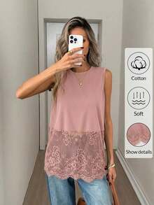 Top sin mangas de mujer con cuello redondo y dobladillo de encaje, primavera/verano - Rosa vieja - Ver 3