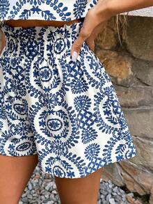 Frenchy Conjunto de dos piezas con top de tirantes y shorts con estampado todo sobre todo, textura cómoda, elegante para vacaciones de verano - Azul - Ver 2