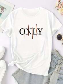 Basic T-Shirt Style Top With Modern Stylized Typography Design, Soft And Comfortable Women's T-Shirt With Front Letter Print - 白色 - 查看 2