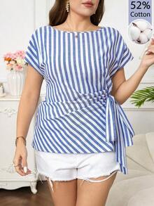 Camisa casual de manga corta con diseño plisado y teñido anudado para mujer de talla grande, adecuada para vacaciones, fiestas y salidas - Azul y blanco - Ver 6