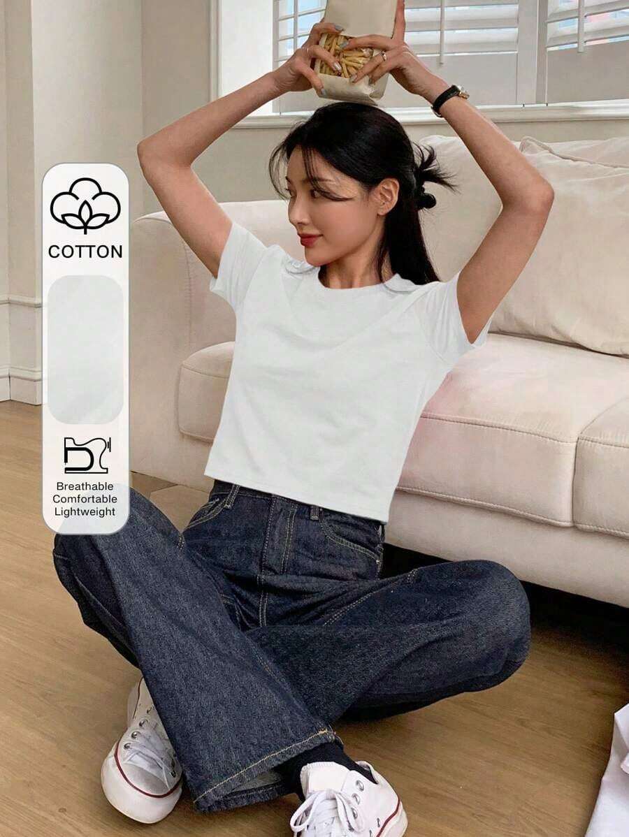 Camiseta de manga corta de unicolor para dama, ideal para verano - Blanco - Ver 1