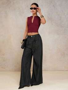 Blusa sin mangas de corte slim de unicolor con cuello en V profundo para mujer - Burdeos - Ver 4