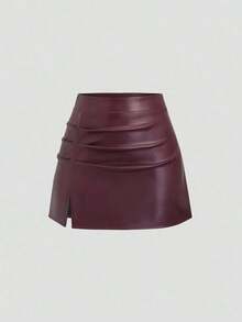 Falda mini acampanada de línea A con abertura lateral, de cintura alta y plisada, de PU estilo retro elegante para mujer, Y2K - Burdeos - Ver 1