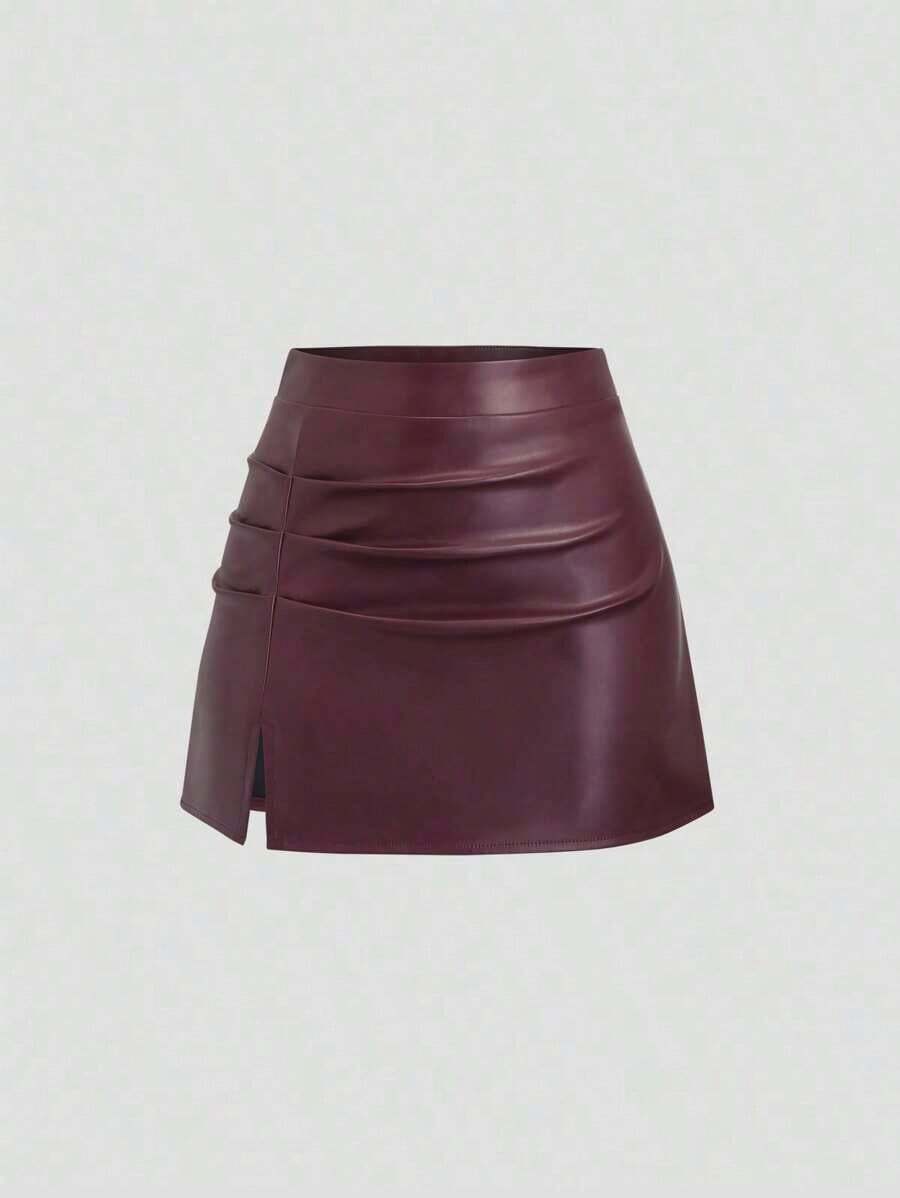 Falda mini acampanada de línea A con abertura lateral, de cintura alta y plisada, de PU estilo retro elegante para mujer, Y2K - Burdeos - Ver 1