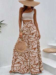 Pantalones de pierna ancha con estampado tropical - Marrón - Ver 1