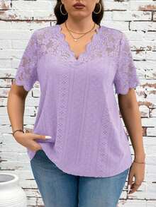 Clasi Camiseta de talla grande de verano de unicolor con contraste de encaje calado y bordado - Púrpura malva - Ver 12