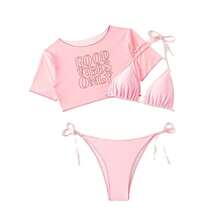 2026 New Letter Print Two-Piece Swimsuit Women's Bikini Three-Piece Set - Pink - View 6