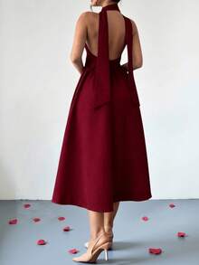 YHHVestido elegante para mujer, vestido halter con escote profundo en V y espalda descubierta con cinta de amarre, uso versátil, color vino tinto, atuendo de verano para fiestaYHH - Burdeos - Ver 4
