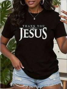 Women's Short-Sleeved T-Shirt, 100% Cotton, With "THANK YOU JESUS" Print, Round Neck, Machine Washable, Comfortable, Soft, And Breathable. Suitable For Spring, Summer, And Autumn. Loose Fit, Casual, Fashionable, For Work, Everyday Wear, Simple And Versatile. - Black - View 6