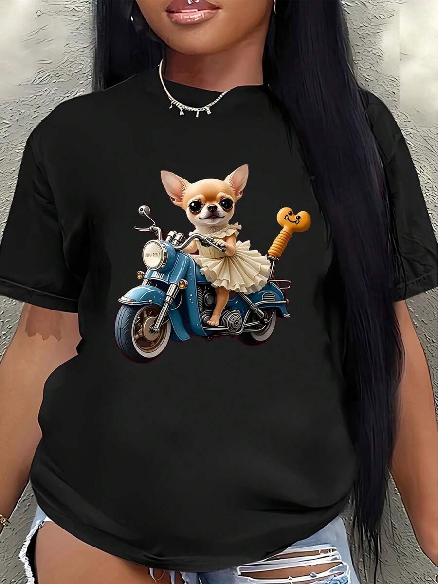 This Lightweight And Durable Short-Sleeved T-Shirt, Featuring A Small Marathon Dog Riding A Motorcycle, Is Perfect For Casual Wear At Home Or For Formal Occasions, Offering A Comfortable Everyday Wearing Experience. - 黑色 - 查看 1