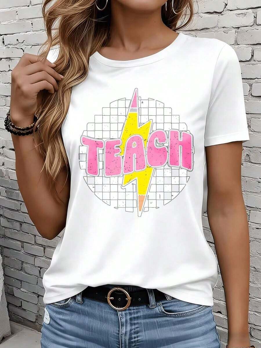 Camiseta de manga corta bicolor en blanco y negro GraphicLadies 220gTeach con estampado de rayo rosa, camiseta informal de cuello redondo para mujer, top de manga corta, camiseta de moda para profesoras, camiseta de ocio, para actividades al aire libre, vacaciones, fiestas, regalo. - Blanco - Ver 1