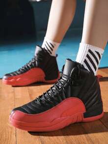 Men's White High-Top Basketball Shoes, Non-Slip Cushion Sole Athletic Sneakers For Gym, Walking & Casual - 黑紅2 - 查看 4