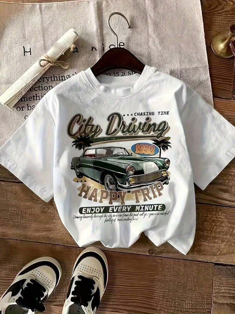 2026 Women's Shirt Print, New Summer Lightweight Casual Blouses For Ladies, Women's Fashion Short-Sleeve Round-Neck Shirt With Car Letter Pattern Print - 白色 - 查看 1
