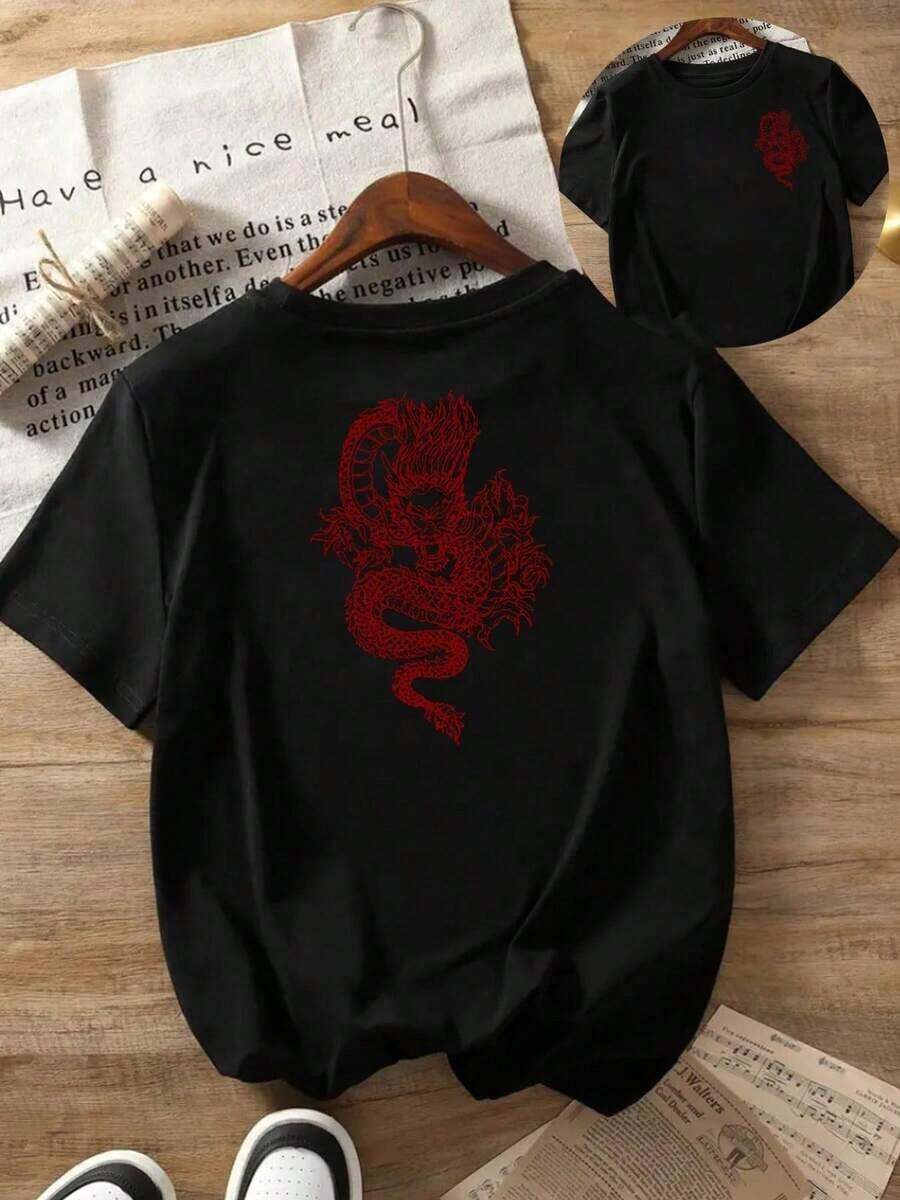 Under The Radar Women's Short Sleeve T-Shirt With Red Dragon Print On Front And Back, Black Background, Crew Neck, Casual Short Sleeve T-Shirt - Women's Clothing, Comfortable Fit, Classic Design. Unisex Loose Fit Cotton Short Sleeve Crew Neck T-Shirt, Vintage Urban Style - 黑色 - 查看 1
