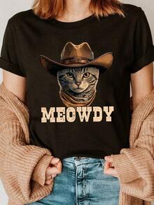 Under The RadarCamiseta de cuello redondo con estampado de gato vaquero, top casual de manga corta para verano y primavera, ropa de mujer-Vintage Street Style Unisex Loose Cotton Short Sleeve Crew Neck T-Shirt - Negro - Ver 1