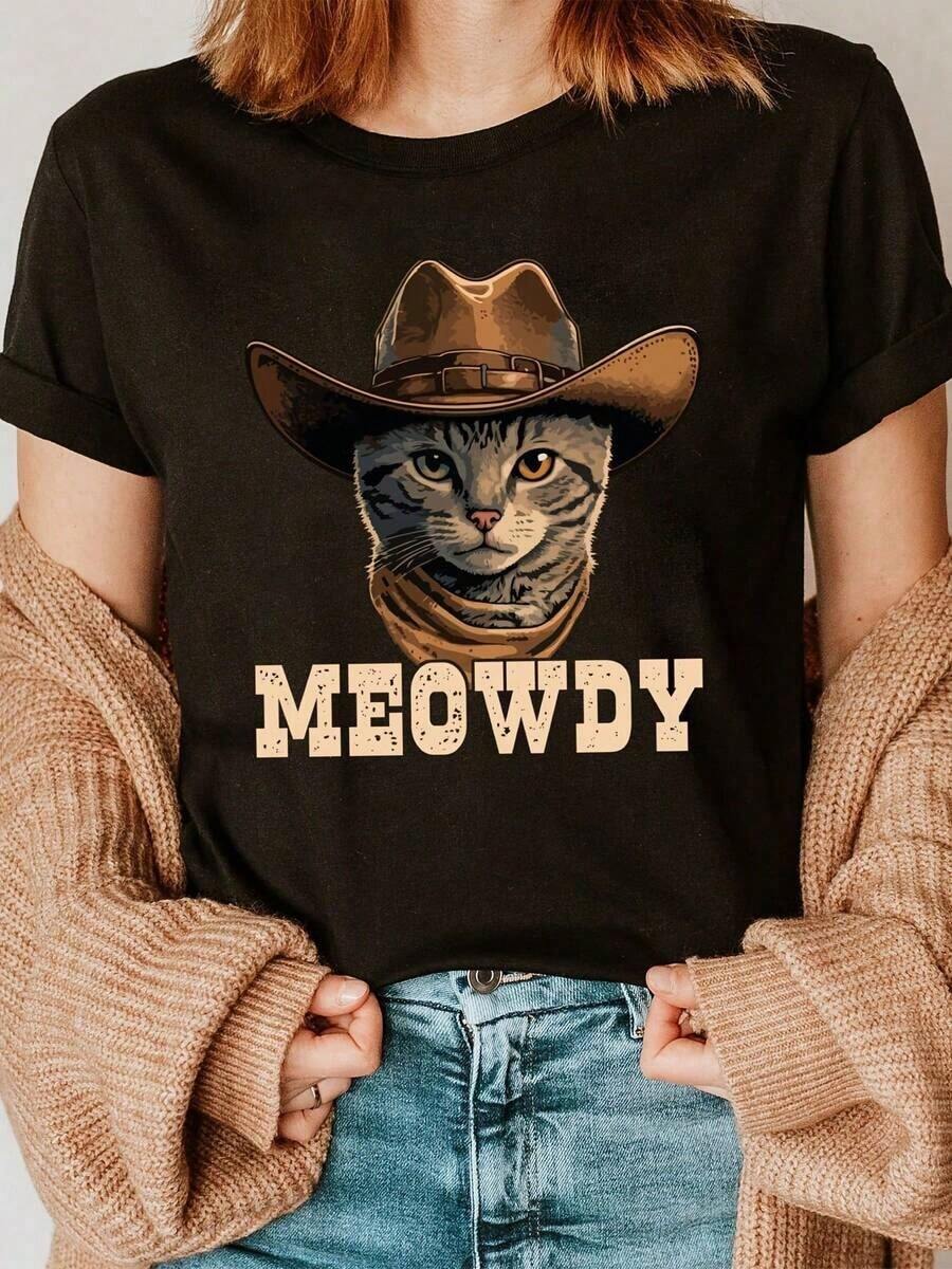 Under The RadarCamiseta de cuello redondo con estampado de gato vaquero, top casual de manga corta para verano y primavera, ropa de mujer-Vintage Street Style Unisex Loose Cotton Short Sleeve Crew Neck T-Shirt - Negro - Ver 1