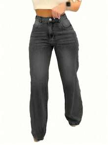 Women's Loose Casual Basic Straight Leg Jeans With Pockets - Dark Grey - View 2