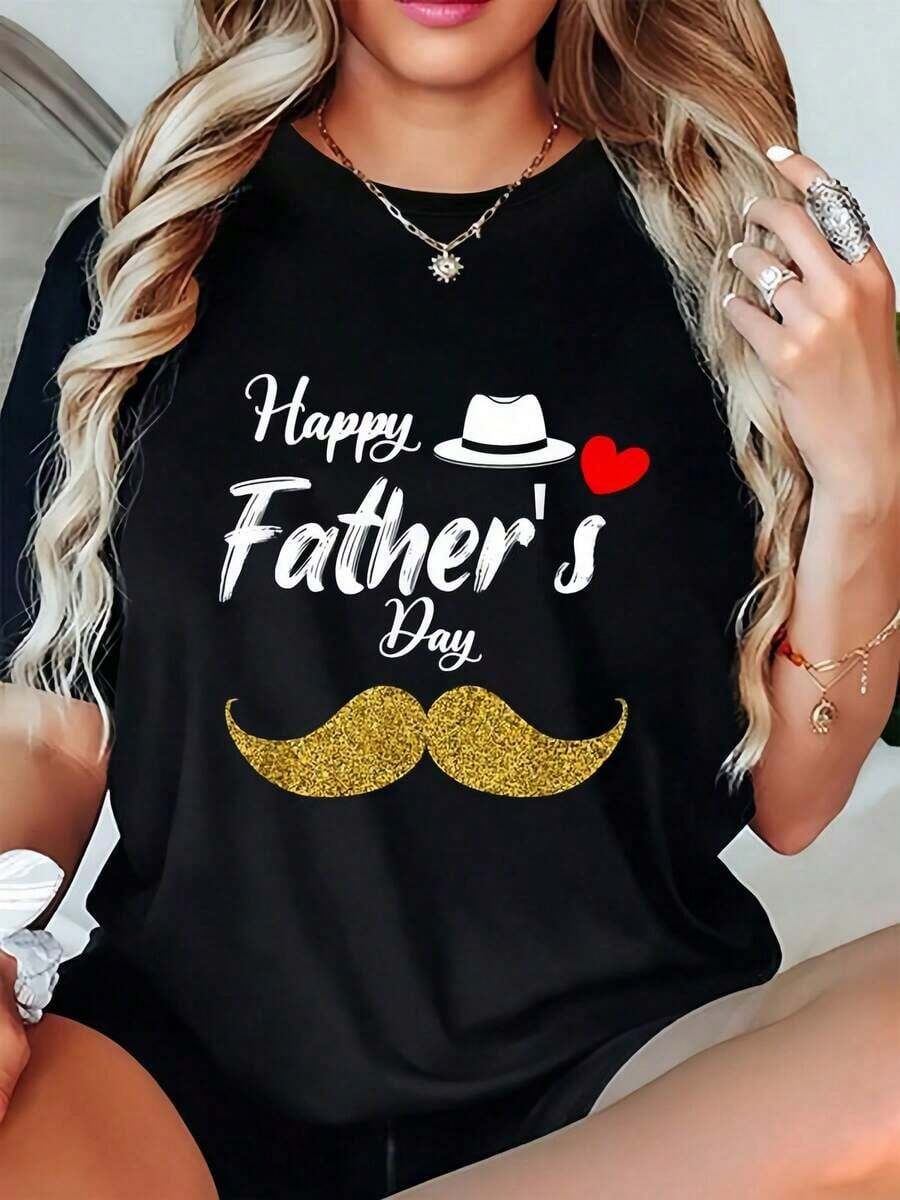 Regalo 1 pieza: Camiseta de mujer con estampado de bigote para el Día del Padre, cuello redondo, camiseta casual de algodón, tejido de punto de elasticidad media, corte regular para damas, para primavera/verano/otoño, suave. - Negro - Ver 1