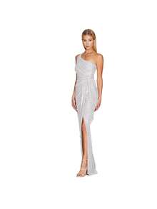 Vestido de mujer color champán con lentejuelas, diseño asimétrico de un hombro, escote en V con abertura lateral alta, corte maxi elegante ideal para fiestas de noche, graduaciones y eventos formales, estilo glamoroso perfecto para celebraciones de invierno y otoño - Blanco - Ver 2
