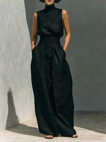2026 New Foreign Trade European American Women Cotton Linen Sleeveless Top & Long Pants Casual Two Piece Set - 玫紅色 - 查看 8