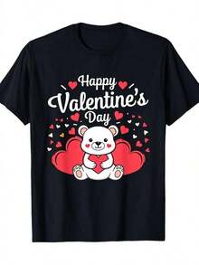 Talla Grande, Camiseta de Oso de Peluche para el Día de San Valentín para Mujer y Unisex - Bonito Estampado de Feliz Día de San Valentín con Corazones, Camiseta Casual de Manga Corta co - Negro - Ver 2
