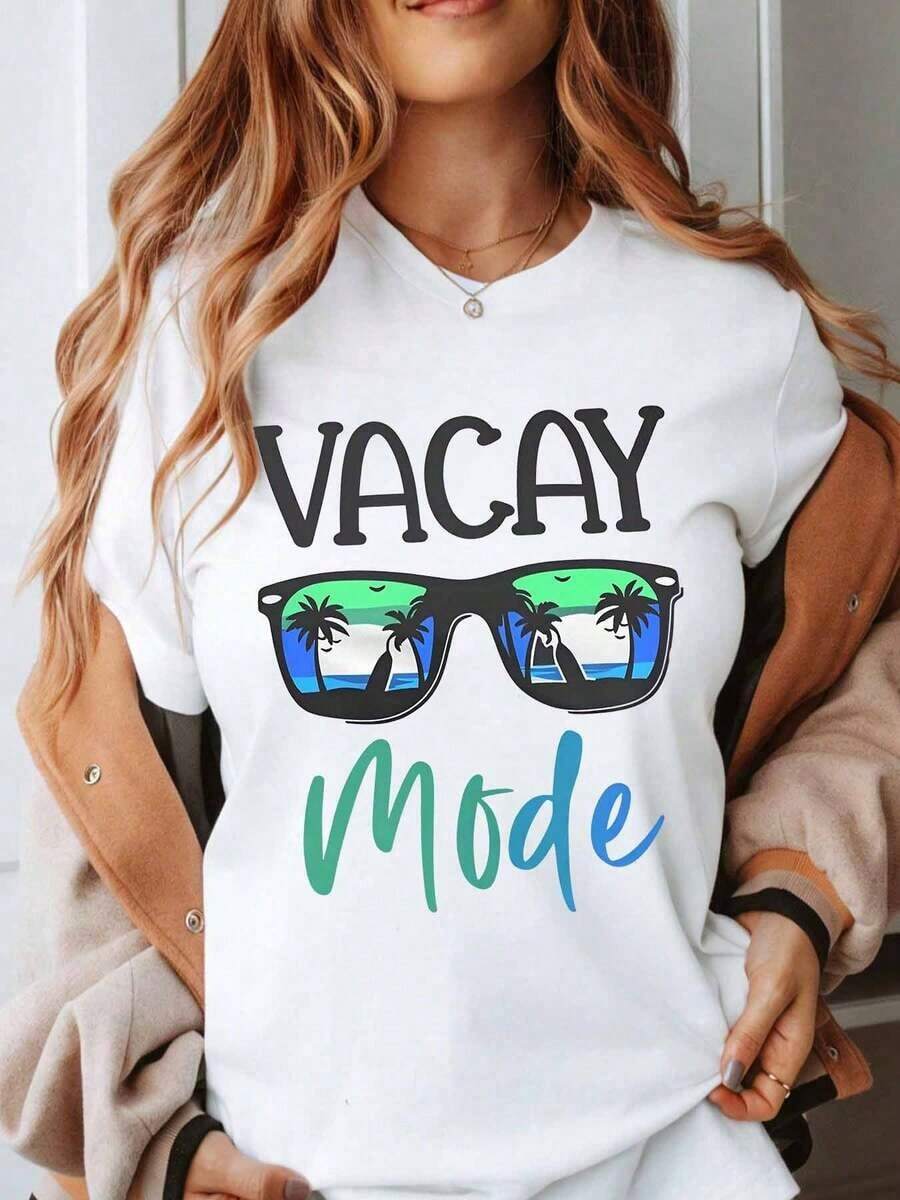 ropa de mujer Vacay Mode Sunglasses Palm Tree Beach Vacation T-Shirt Summer Holiday Travel Cute Graphic Tee Women's Casual Wear camisas de mujer - Blanco - Ver 1