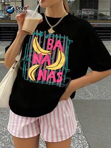 Una camiseta de mujer de manga corta, holgada, moderna, a la moda, retro y elegante, adecuada para actividades al aire libre en primavera y verano, con un estampado de plátanos en rosa y verde en contraste, detalles de lazo y un diseño dulce de estilo universitario.Camiseta estampada para mujer, estilo casual para vacaciones de verano, de cuello redondo y manga corta.blusas para mujer,blusas casuales para dama,tops,, mujer premium,y2k,playeras de mujer curvy,ofertas y liquidaciones ropa mujer,playeras deportivas para mujer,,playeras de hombre, mujer,blusas>elegante W3TY - Negro - Ver 1