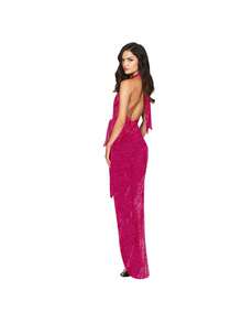 Emerald Green Sequined Women's Dress, Deep V-Neck Halter Neckline, High Side Slit, Elegant Maxi Design Ideal For Evening Parties, Graduations And Formal Winter Events, Glamorous Style Perfect For Celebrations And Elegant Dinners - 玫紅色 - 查看 3