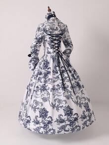 Váy cung đình thời Trung cổ Victoria, váy xòe tay loe Gothic Lolita thời Phục hưng, váy dài tay cổ điển, váy dạ hội in hoa thanh lịch cho kỳ nghỉ - Màu xanh lam - Xem 4