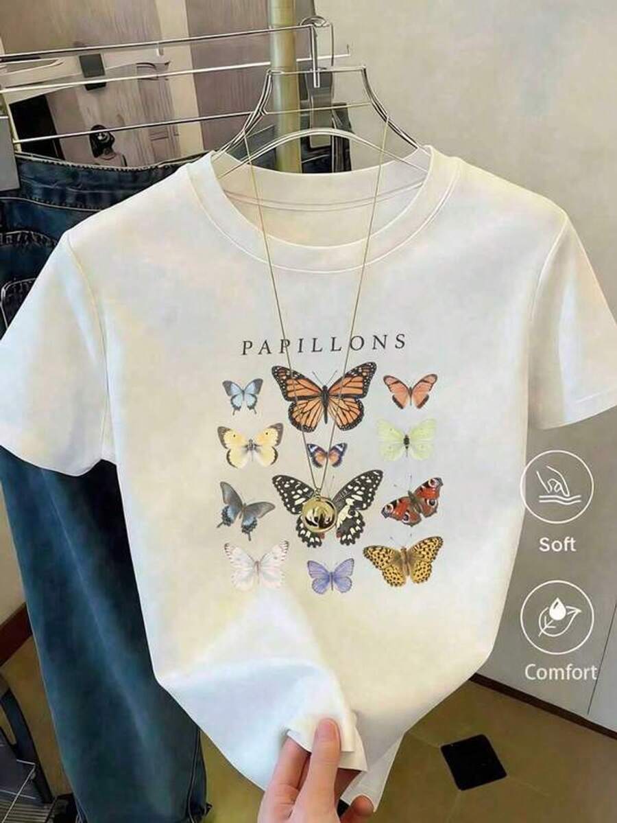 Camiseta con estampado de camisa casual para mujer, manga corta y cuello redondo, moda urbana local de primavera/verano. - Blanco - Ver 1