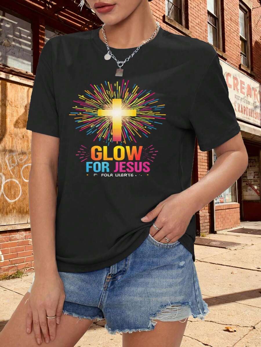 Women's T-Shirt With Luminous Cross And Biblical Text - Soft, Stretchy, Round Neck And Short Sleeve, Compatible With Modest Clothing Styles, Suitable For Casual Wear, Work Clothes And Religious Clothing For Church - Machine Washable Religious Clothing. - Black - View 1