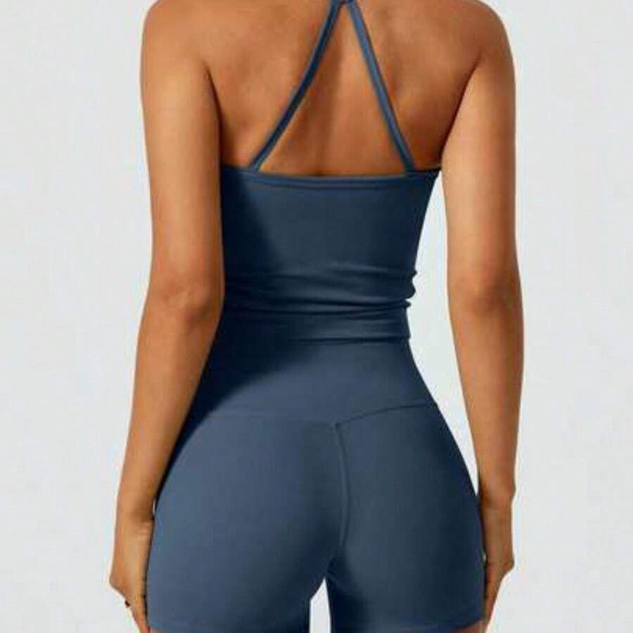 NcmRyu Women's Halter Backless Yoga Sports Seamless Butt-Lifting Fitness Set, Spring/Summer - Azul Marino - Ver 1