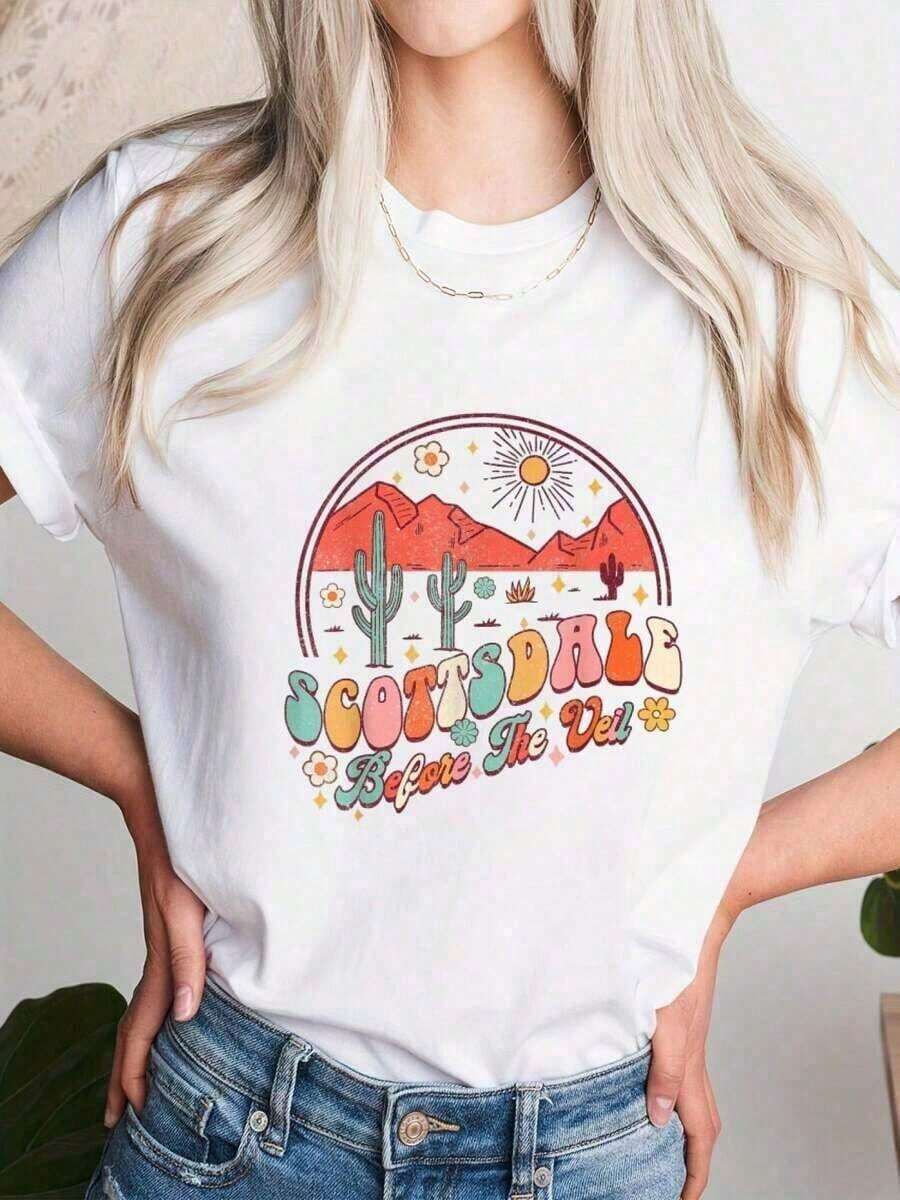 1 Piece Of Scottsdale Before The Veil Bride Babe Fall Outfit T-Shirt, Matching Bachelorette Party T-Shirt, Women's Fall Clothing, 180g, 100% Cotton, Designs Are Printed. Unisex. 180g 100% Cotton - 白色 - 查看 1