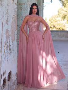 Faeriesty Đầm maxi cúp ngực đính sequin sang trọng - Thích hợp cho tiệc tối, dạ hội, dạ tiệc tốt nghiệp, tiệc sinh nhật, sự kiện thảm đỏ, đám cưới. Màu hồng. - Hồng - Xem 2