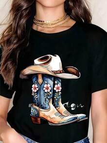 Women's Clothing Cowboy Boots And Hat Western Design Women's T-Shirt With Floral Embroidery Country Style Fashionable Top For Casual Wear Women's Shirts - 黑色 - 查看 1