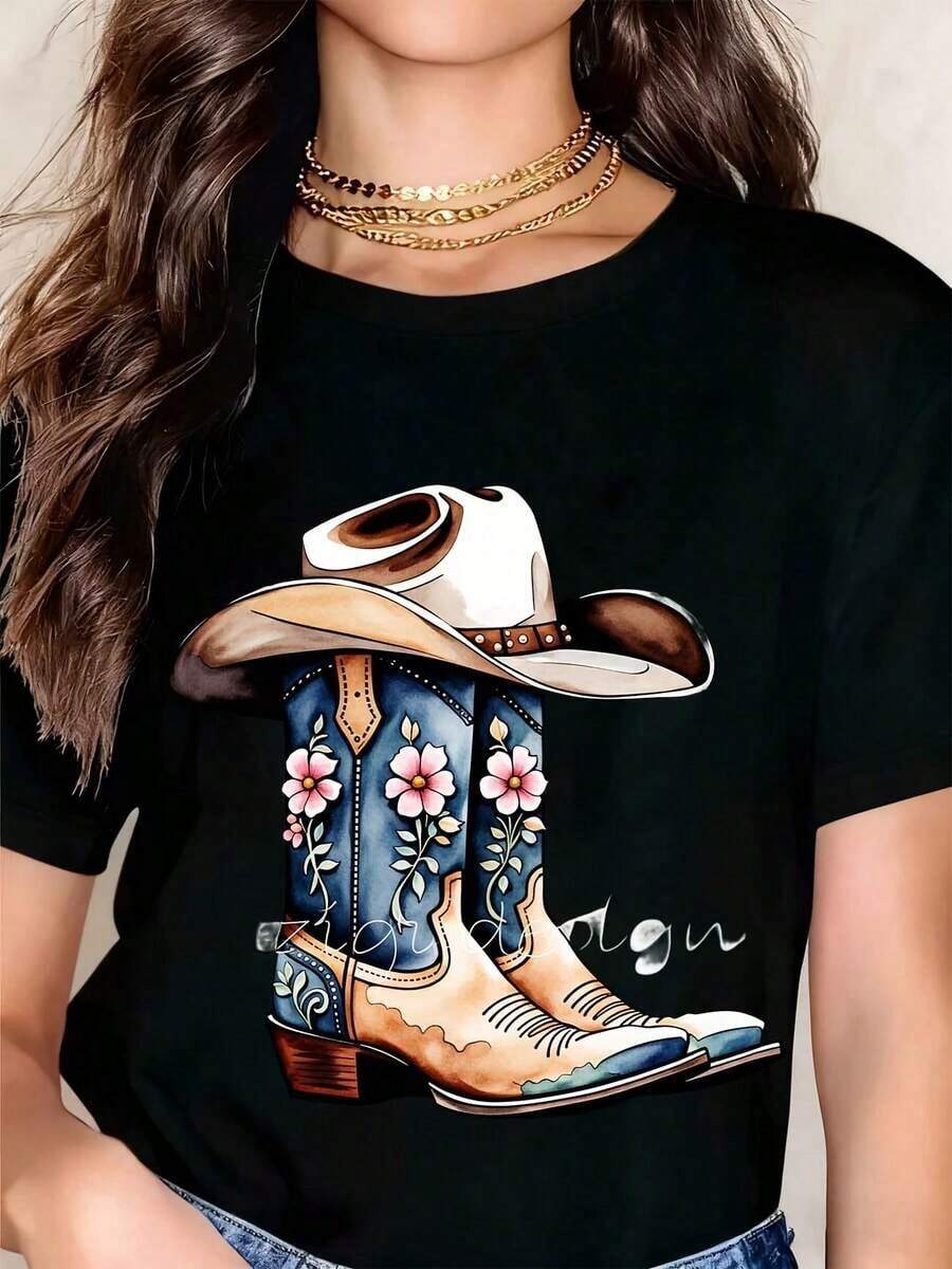 Women's Clothing Cowboy Boots And Hat Western Design Women's T-Shirt With Floral Embroidery Country Style Fashionable Top For Casual Wear Women's Shirts - 黑色 - 查看 1