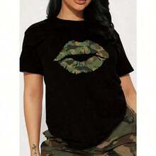 Mexican Women's Pink Camouflage Lips Print T-Shirt | Casual Short Sleeve Crew Neck T-Shirt | Machine Washable | Spring/Summer | Fashion Graphic Cotton Summer Fashion T-Shirt - 黑色 - 查看 3