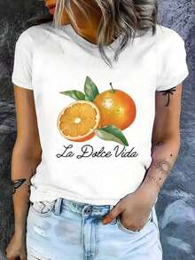Premium Quality Women's Short-Sleeved Cotton T-Shirt With A Printed Design, Casual Fit, And A Slim Fit. The Shirt Features A Beautiful Orange Slice Design, Is Soft And Comfortable, And Is A Versatile Garment Suitable For Everyday Wear. . - 白色 - 查看 1