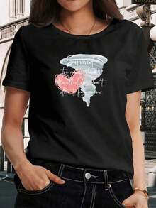 Women's T-Shirt With Inspirational Quote Print | Casual Short-Sleeve Blouse With Round Neck, Machine Washable, White With Red Heart Design, Non-See-Through Fabric, Suitable For Spring, Summer, Autumn, Casual Blouses For Women - 黑色 - 查看 1