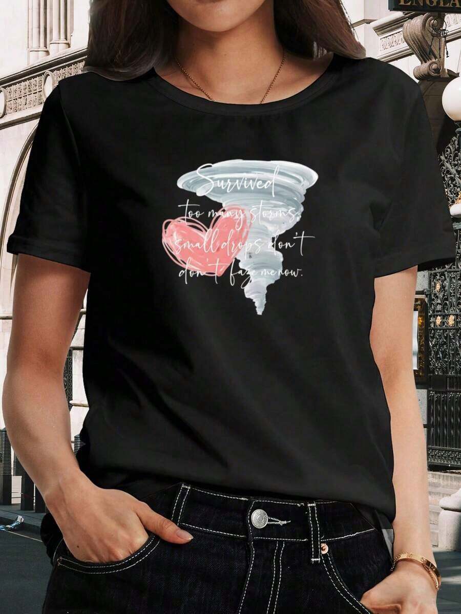 Women's T-Shirt With Inspirational Quote Print | Casual Short-Sleeve Blouse With Round Neck, Machine Washable, White With Red Heart Design, Non-See-Through Fabric, Suitable For Spring, Summer, Autumn, Casual Blouses For Women - 黑色 - 查看 1