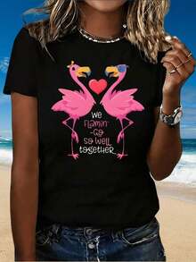 We Fit So Well Together Flamingo Couple T-Shirt Summer Beach T-Shirt For Women And Men Funny Graphic Tee Casual Blouses For Women - 黑色 - 查看 1