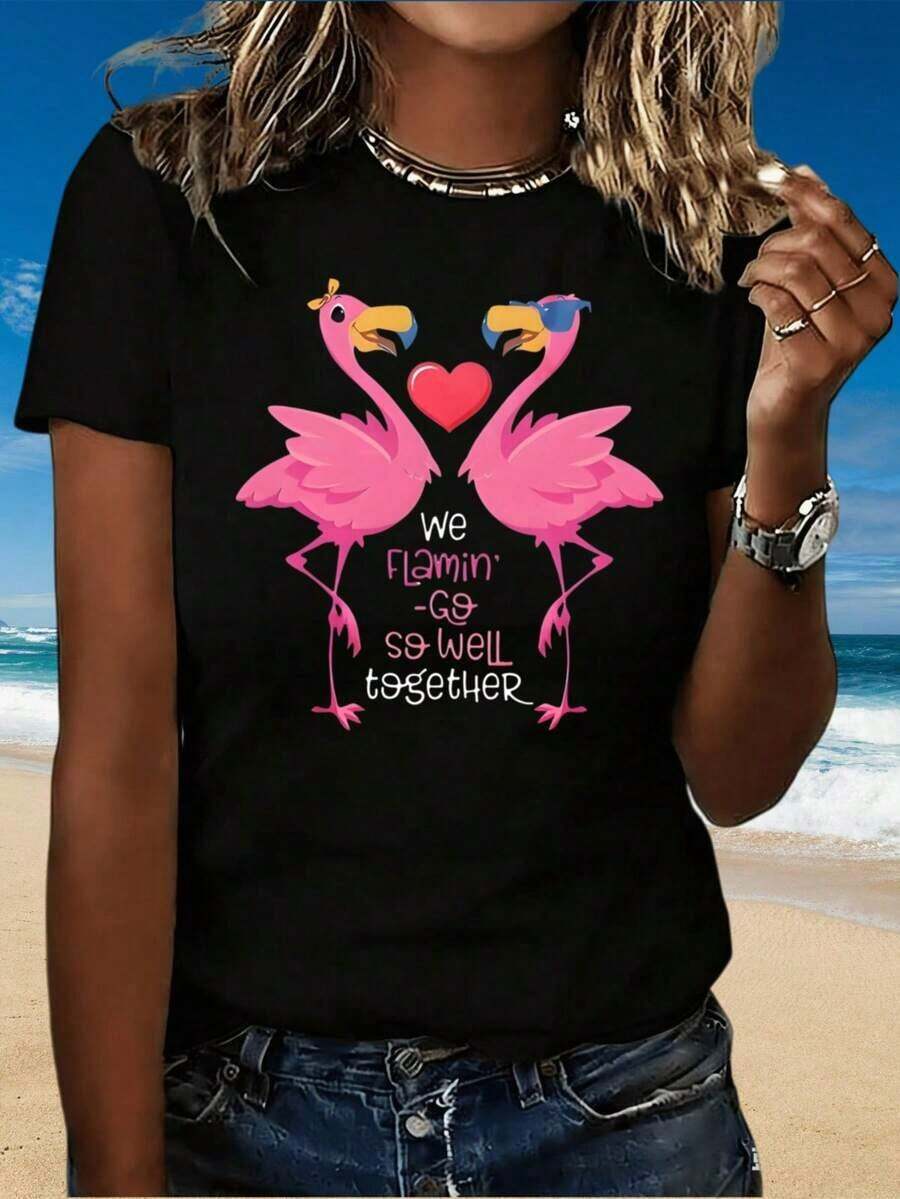 We Fit So Well Together Flamingo Couple T-Shirt Summer Beach T-Shirt For Women And Men Funny Graphic Tee Casual Blouses For Women - 黑色 - 查看 1
