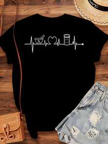 Heartbeat Design T-Shirt For Pharmacists And Pharmacy Students, With Medicine Bottle Graphic And Mortar And Pestle, For Healthcare Professionals And Medical Workers, 220g - Urban Vintage Style, Unisex, Cotton, Short Sleeve, Round Neck, 100% Cotton. - 黑色 - 查看 4